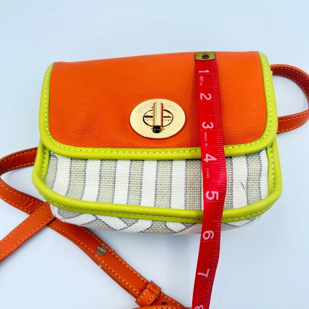 Spartina 449 Orange Leather Linen Geometric Crossbody Bag Lime Green Trim Gold